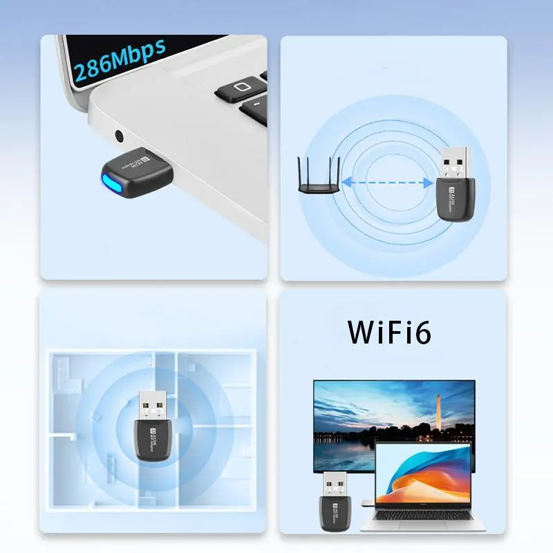 USB 286Mbps WiFi6 Wireless Adapter, 1 Count Wireless LAN Adapter, 2.4G Hertz Desktop Laptop WiFi Dongle Support 802.11ax Wireless Protocol 5