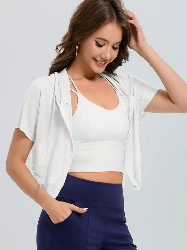 Women's Solid Zip Up Sports Jacket, Breathable Sun Protection Short Sleeve Open Front Outerwear for Gym Workout Running, Ladies Sportswear for All Seasons, Womenswear 7