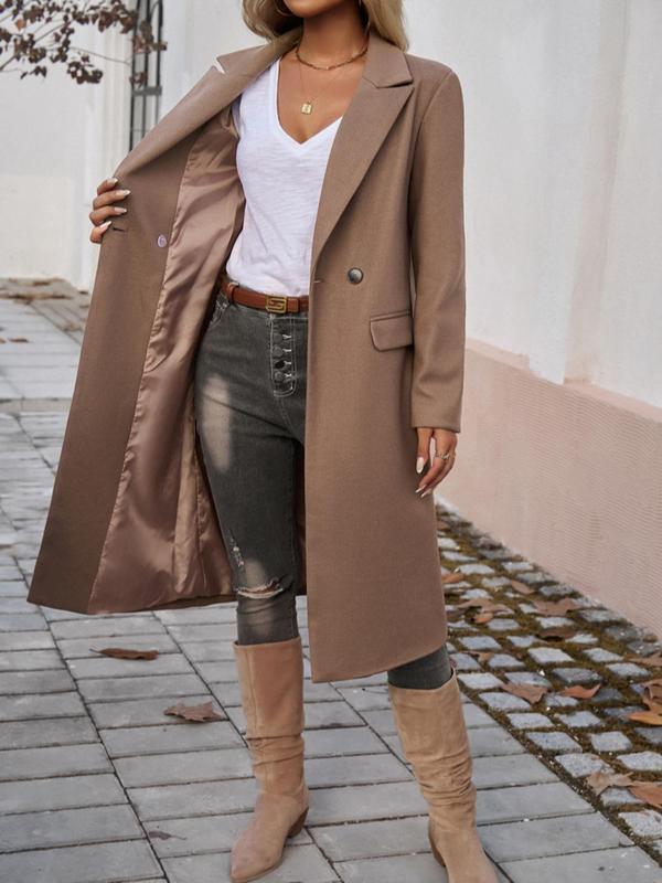 Women's Solid Button Front Pocket Overcoat, Casual Long Sleeve Lapel Neckline Coat for Fall & Winter, Women's Clothing for Daily Wear 7