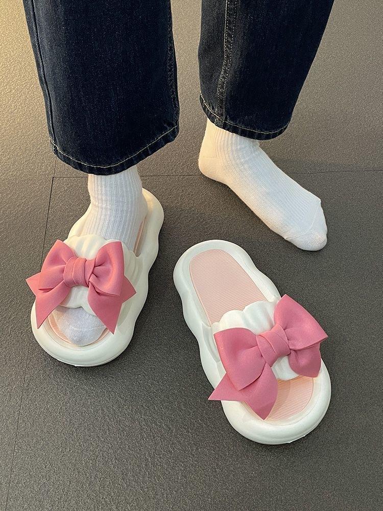 Product Introduction of New Cute Wild Bowknot Slippers for Women Summer Outdoor Student Dormitory Non-Slip Slip Slip-on Thick-Soled Sandals for Women Walking Shoes Footwear Girl Slide Flipflop Comfort Onyx 6