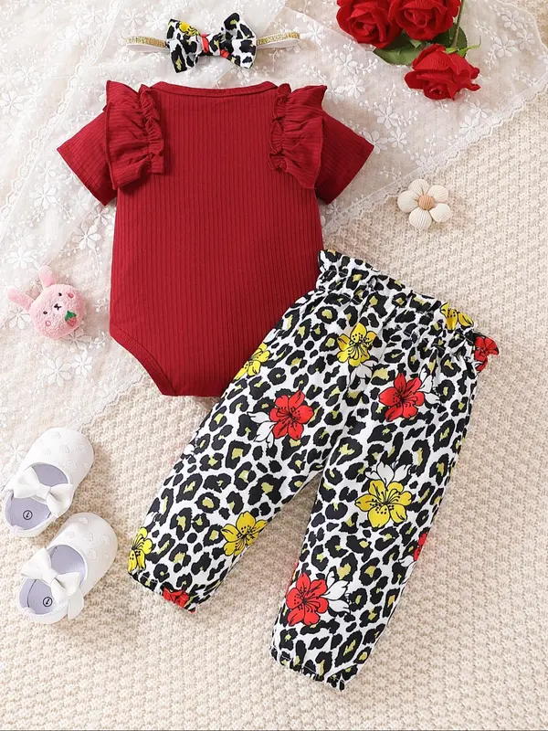 Toddler Girl's Solid Ribbed Bodysuit & Flower Print Pants & Bow Decor Hair Band Set, Cute Three-piece Outfits for Infant Toddler Kids, Newborn Baby Girls Gifts, Clothes, Clothing 1