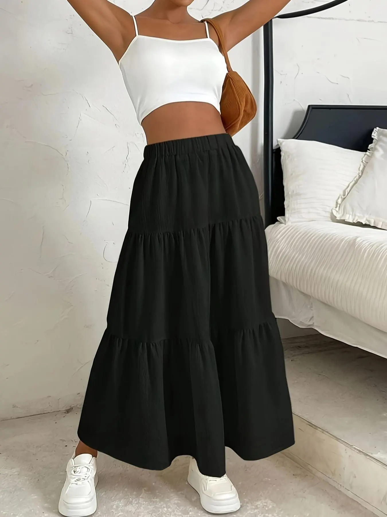 Women's Plain Ruffle Hem Flared Skirt, Casual Boho High Waist Long Skirt for Daily Wear, Summer Outfits 2024, Holiday Skirt, Ladies Bottoms for All Seasons, Concert Outfits