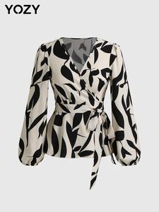 YOZY Women's All Over Print Wrap Belted Blouse, Casual Bishop Sleeve V Neck Top for Daily Wear, Ladies Clothes for All Seasons