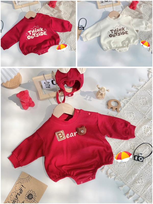  T.Huyền _ Body Suit Dài Tay 2 Màu Đỏ Kem Cho Bé Trai bé Gái 4-10 Kg Body Mặc Mùa đông 
