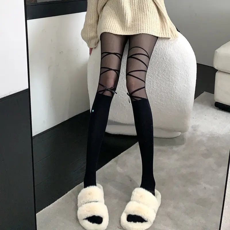 Quần Tất Lưới Cá, Phong Cách Nhật Bản, Băng Quấn Chéo Giả, Dành Cho Nữ, Thiết Kế khoét Lưới Có Nơ, Màu Đen Và Trắng, Tất, Bas Resille