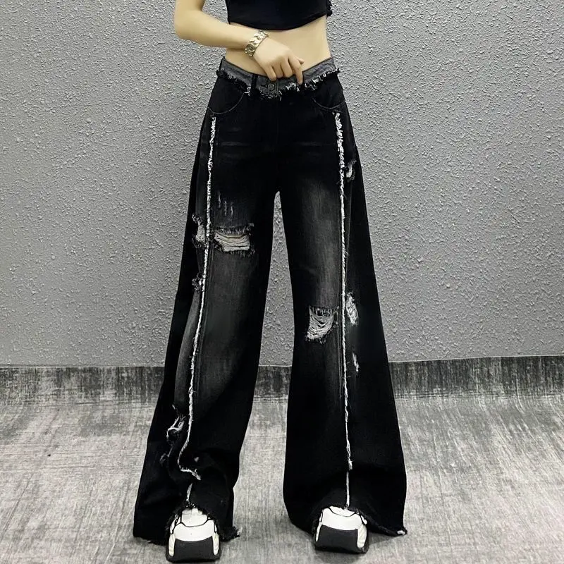 Quần Jean Ống Rộng, Phong Cách Mỹ, Dành Cho Nữ, Ngoại Cỡ, Thiết Kế Rách Sờn, Phong Cách Hip Hop, Chắp Vá, Dễ Phối Đồ, Quần Dài Đến Sàn Xếp Nếp, Hợp Xu hướng 0