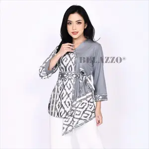 Atasan Blus Wanita - Blouse Batik Tenun Etnik Mix Katun Premium Abu/Grey Putih A01 Baju Cewek