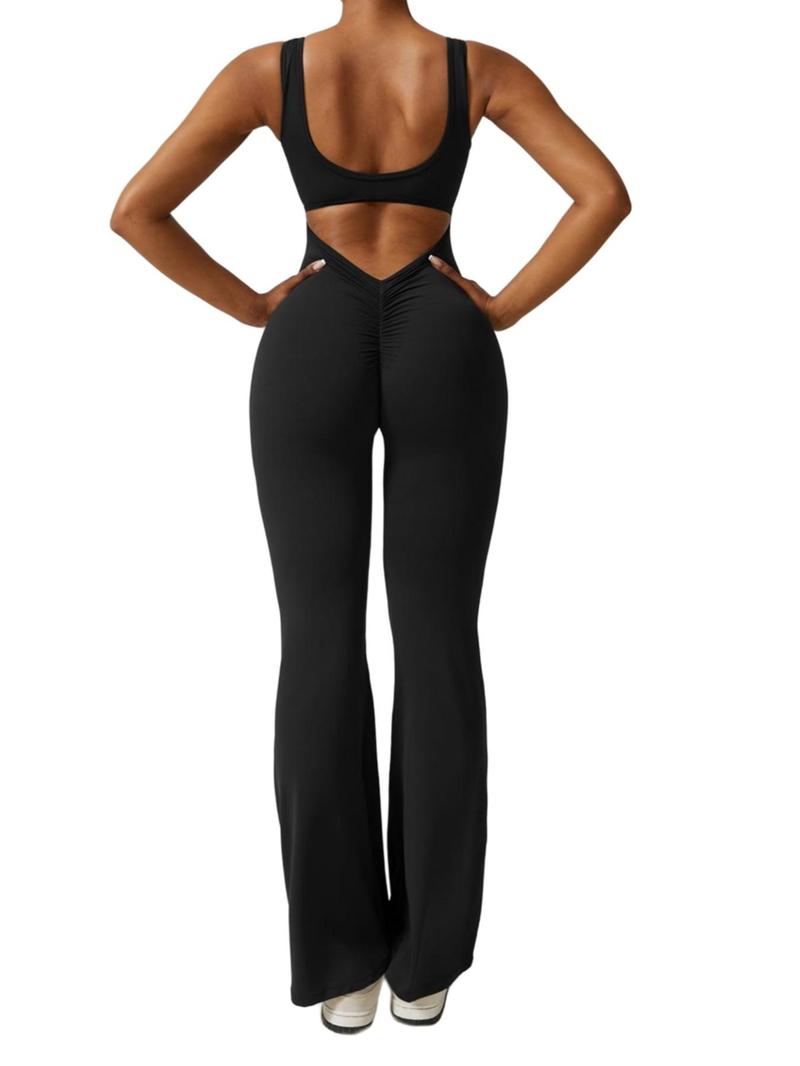 Product Introduction of Women's Cut Out Flared Sports Jumpsuit, Sport Scoop Neck Backless Tank Jumpsuit, Ladies Sportswear Clothing, Tummy Control 6