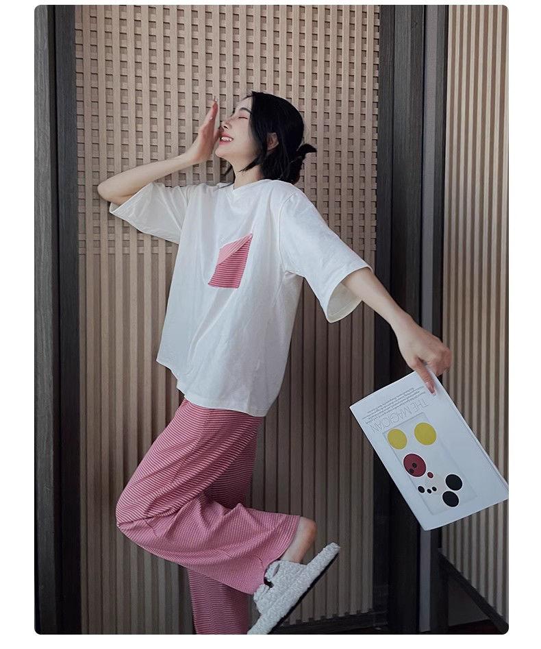 Product Introduction of Bộ Đồ Ngủ Cotton Mùa Xuân Lãng Mạn, Quần Áo Nữ, Phong Cách Mới Mùa Hè, Có Thể Mặc Ngoài Trời, Đồ Mặc Ở Nhà Phong Cách Sọc, Bộ Áo ngắn Tay Và Quần Dài, 1012 Người Thu Thập 14
