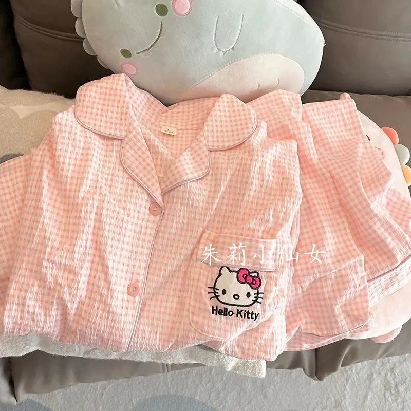 Bộ Đồ Ngủ Hello Kitty, Kẻ Sọc, Dành Cho Nữ, Phong Cách Ins Mùa Xuân Và Mùa Thu, Phong Cách Nhật Bản, Quần Dài Tay Đơn Giản, Bộ Đồ Mặc Nhà Mùa Thu, Có Thể Mặc Ngoài Trời 1