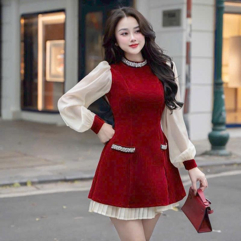 Váy nữ Váy Thiết Kế Đính Đá Ngọc Đầm Viền Cổ Tà Váy Phối Xếp Ly Tơ Óng Tiểu Thư Màu Đen Nhung Sang Chảnh 0