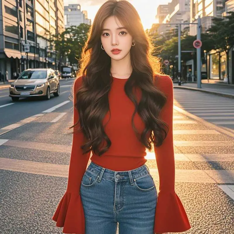 Áo Tay Loe Màu Đỏ, Độc Đáo Và Tuyệt Đẹp, Dành Cho Nữ, Bộ Sưu Tập Mùa Xuân, Cao Cấp Và Thanh Lịch, Mỏng Vừa Vặn, Áo Lớp Nền Top Women 5