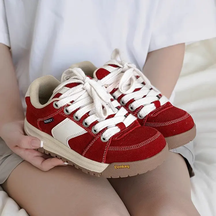 Giày Thể Thao, JINxCHOY, Hàn Quốc, Mũi Tròn, Chặn Màu, Dây Chéo, Đế Xốp, SS24, PU, Thoáng Khí, Thích Hợp Cho Học Sinh, Màu Trơn Chống Trượt, Chống Mài Mòn, Đế Mềm, Thoải Mái, Chạy Bộ, Giày Trượt ván Thường Ngày Cho Nữ