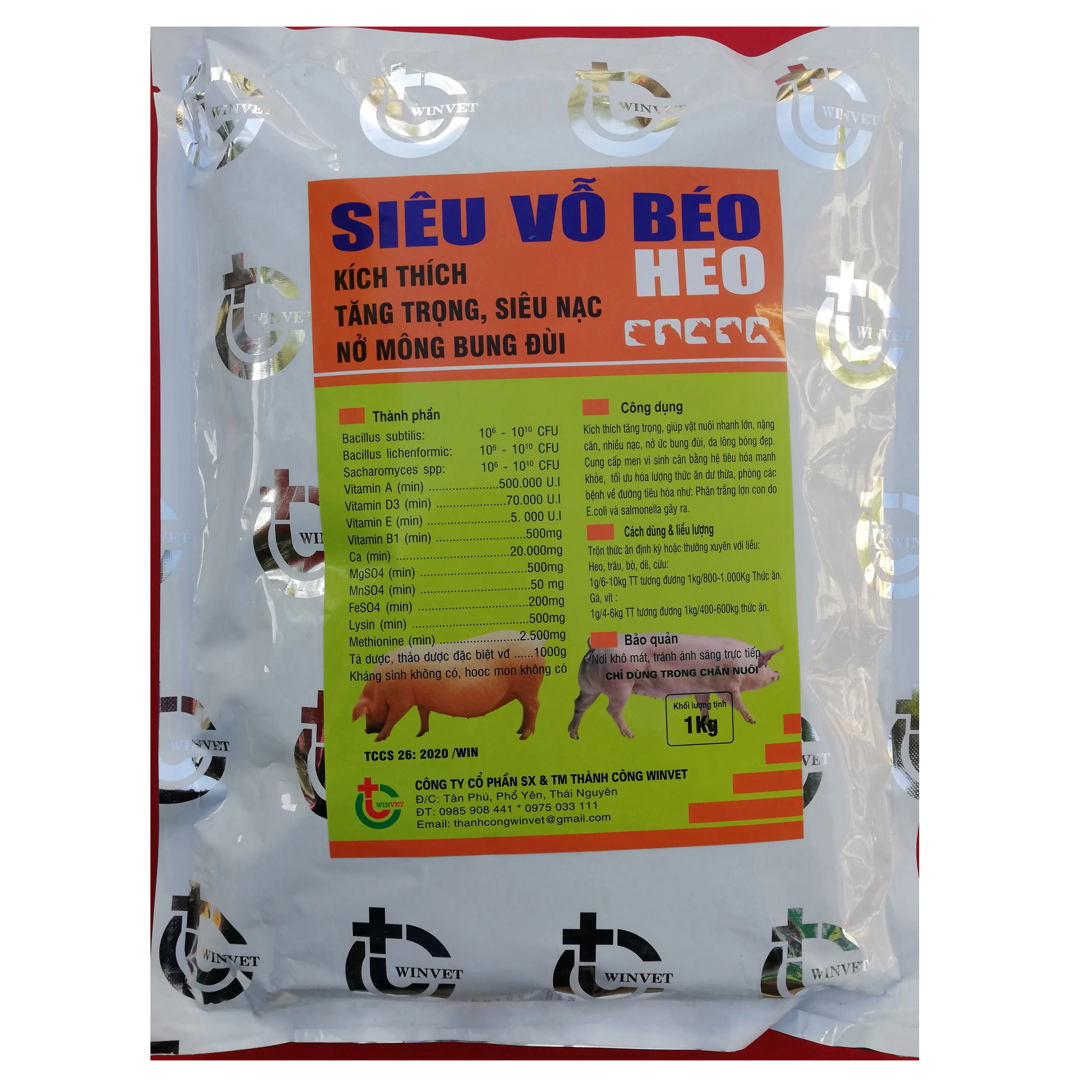 1kg SIÊU VỖ BÉO HEO, LỢN Dạng bột Dùng để Kích thích tăng trọng, giúp vật nuôi lớn nhanh Nặng cân, nhiều lạc, nở ức bung đùi; Thức ăn cho gia súc - Công ty Thành Công WinVet