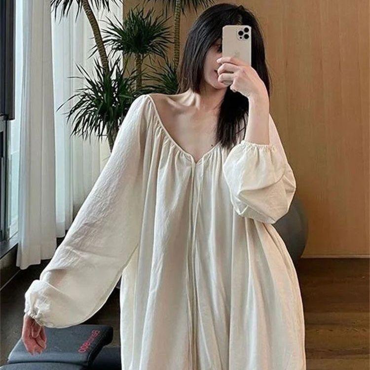 Váy Ngủ Dài Tay, Phong Cách Hoàng Gia Pháp, Dành Cho Nữ, Thiết Kế Độc Đáo Lười Biếng, Dễ Thương Và Gợi Cảm, Dáng Rộng Vừa Vặn, Váy Ngủ Mới, Có Thể Mặc Ngoài Trời 2