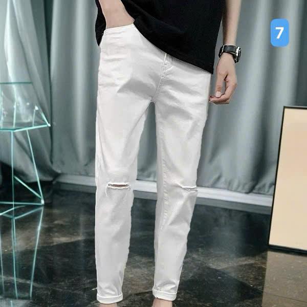 Quần jean nam [ FREESHIP ] 67 Quần bò nam màu trắng - Quần dài nam chất jean co giãn phong cách thời trang vá da trắng có lớp lót Menswear Pants Có Túi