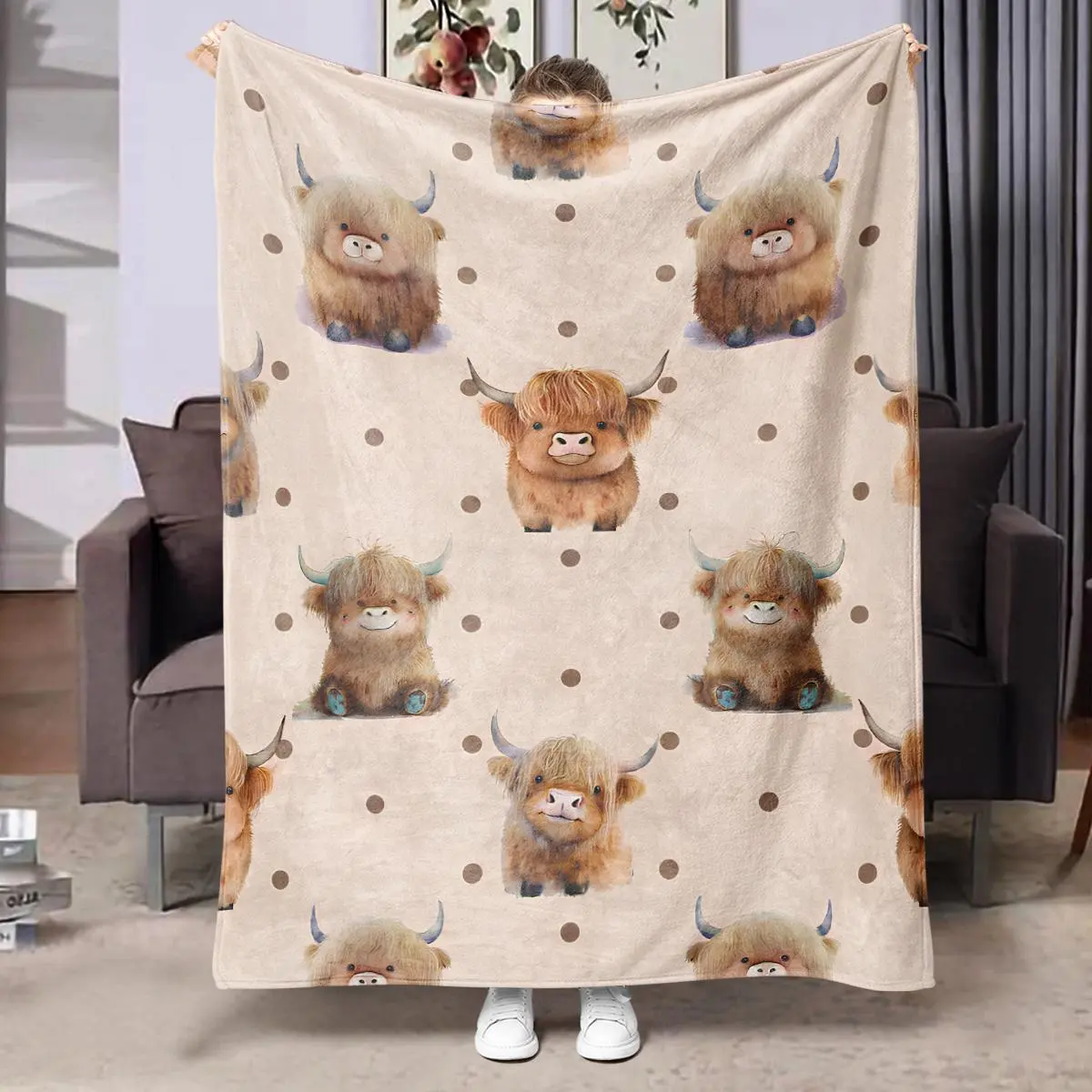Valentine's Day Gift Highland Cow Pattern Blanket, 1 Count Soft Warm Throw Blanket, Air-conditioned Room Blanket, Warm Nap Blanket for Home Office Camping Travel