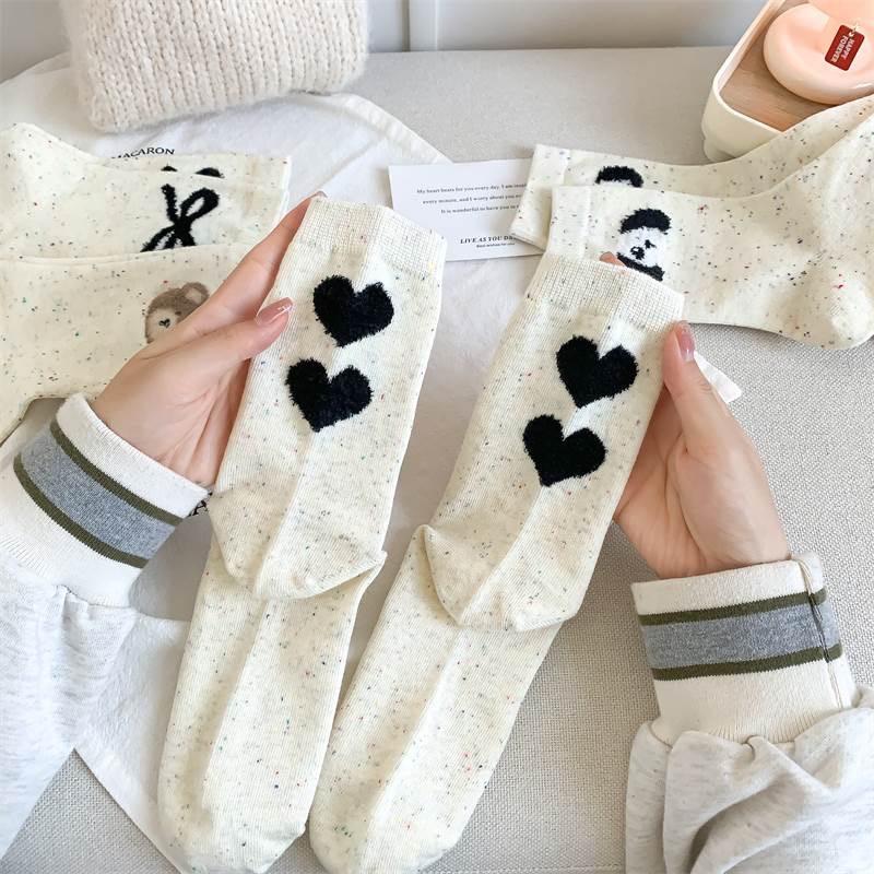 Set 5 Đôi Tất Cao Cổ Nữ Màu Muối Tiêu Họa Tiết GẤU CHERRY Phong Cách Hàn Quốc 2