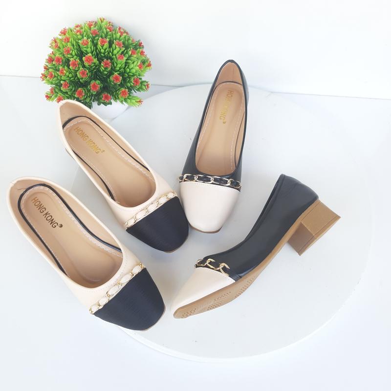 giày búp bê nữ 3p phối viền kem đen