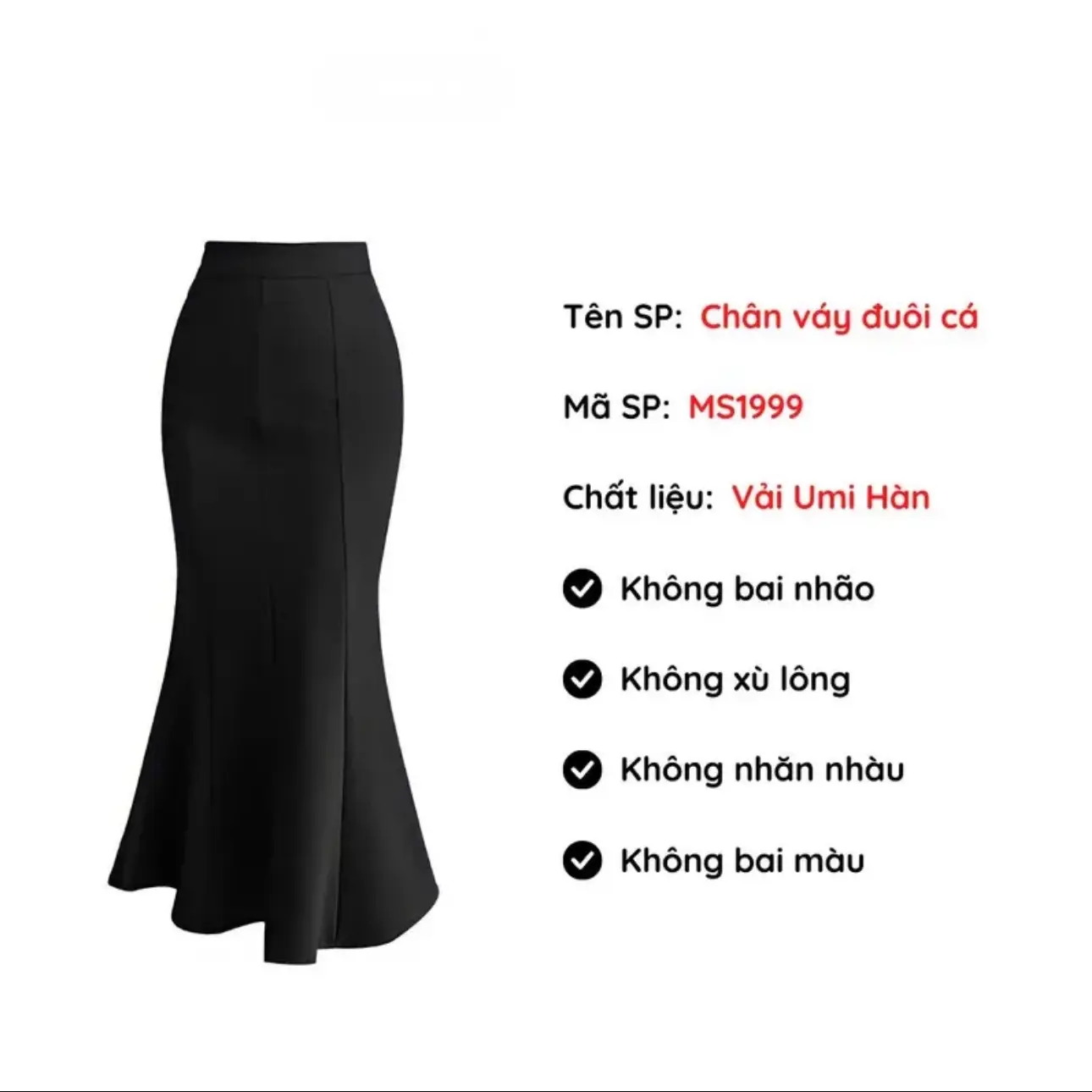 Chân váy đuôi cá( lưng chun không dây kéo) vải umi cao cấp Nữ Màu Đen Women | BigBuy360 - bigbuy360.vn