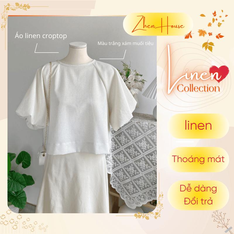 Áo Linen Nữ Kiểu Dáng Croptop Form Rộng Cổ Tròn Tay Bồng Nơ Cổ + Chân Váy Linen Dài 2 lớp