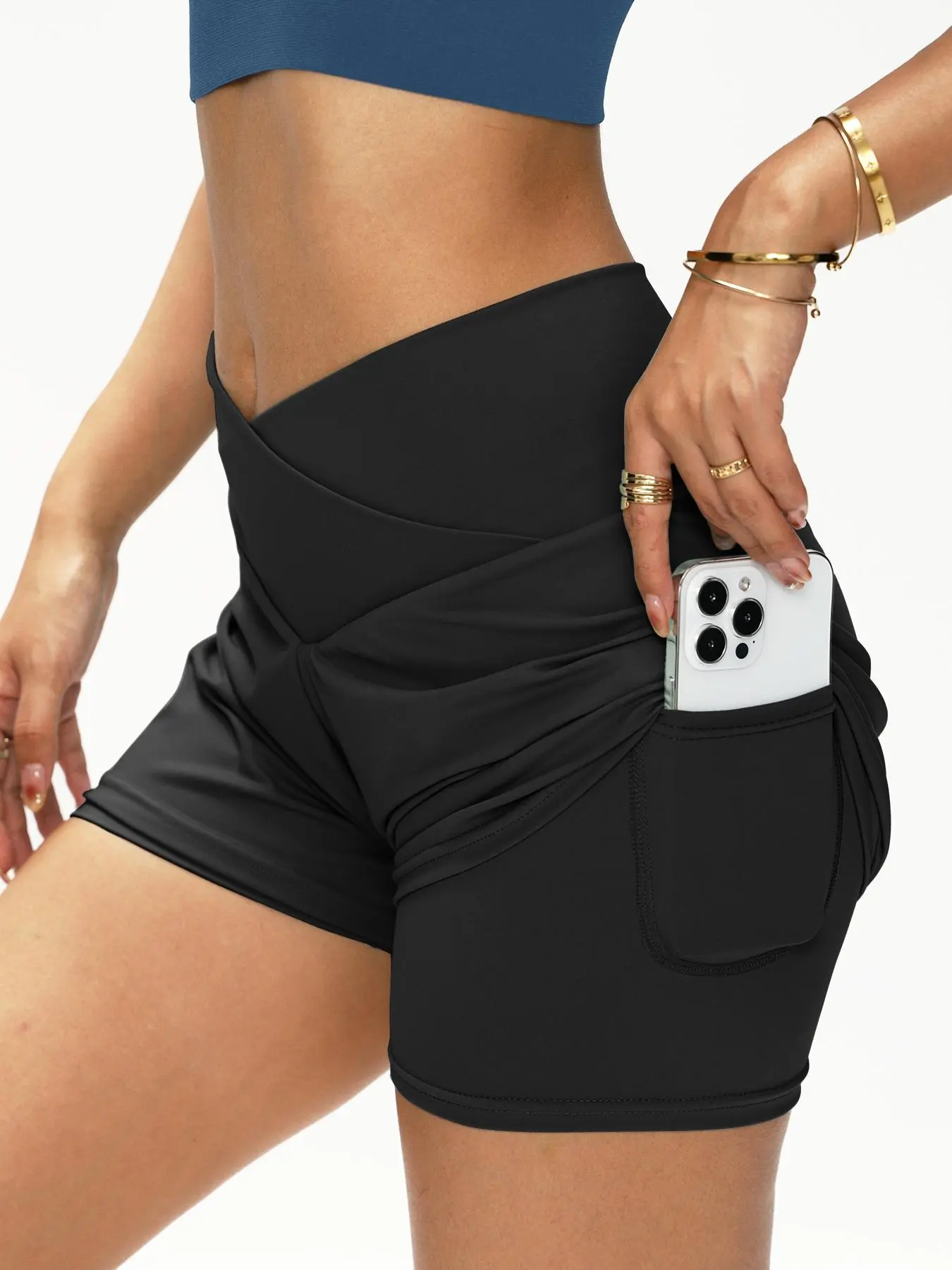 Women's 2 in 1 Solid Color Cross Waist Sports Shorts, Casual Comfy Breathable Quick Drying Pocket Skinny Shorts for Yoga Gym Workout Running, Ladies Sportswear for Spring & Fall