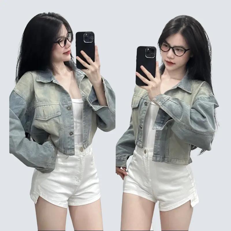 BARE_Áo khoác jean croptop nữ, áo chống nắng nữ freesize form thường phối túi lật màu loang phong cách cá tính- AK016 Women Jacket Nhung