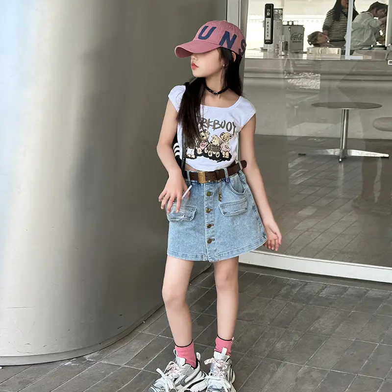 Bộ Quần Áo Trẻ Em, Áo Ngắn Tay, Váy Denim, Cho Bé Gái, Mùa Hè 2024 Mới, Phong Cách Người Nổi Tiếng Trên Internet, Váy Trẻ Em Lớn, Hai Mảnh, 0520 3
