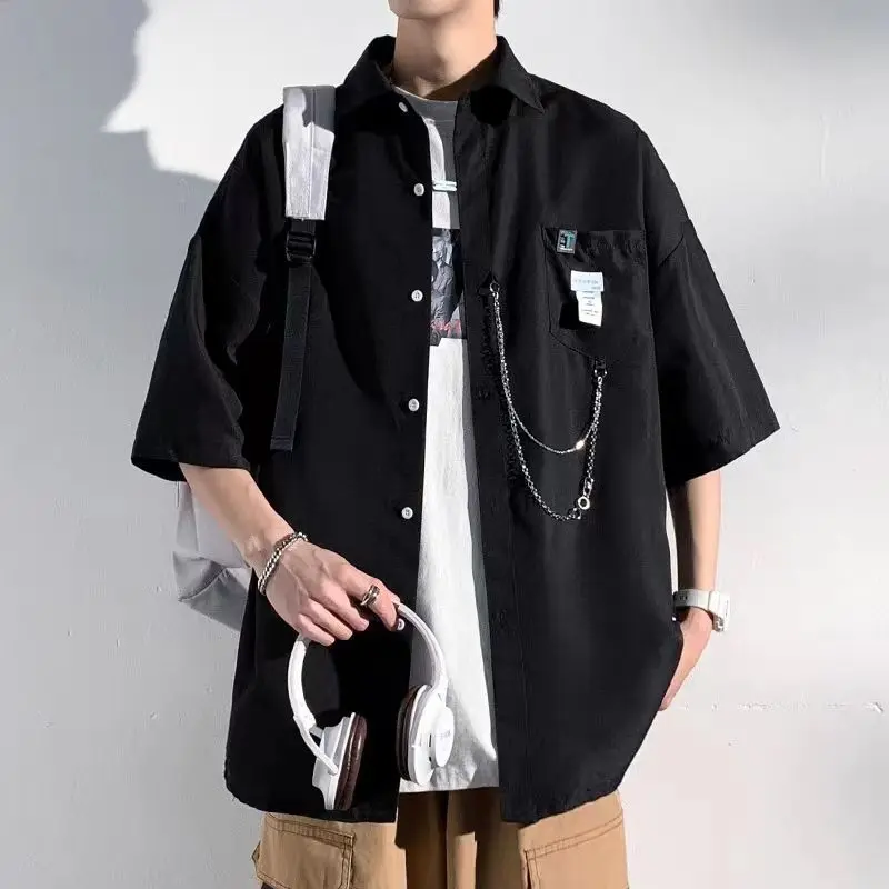 Áo Sơ Mi ngắn Tay Phong Cách Hồng Kông Áo Sơ Mi Tay Lửng Dễ Phối Đồ Trẻ Trung Pu Shuai Hợp Xu hướng Dáng Rộng Mới 2024 Cho Nam