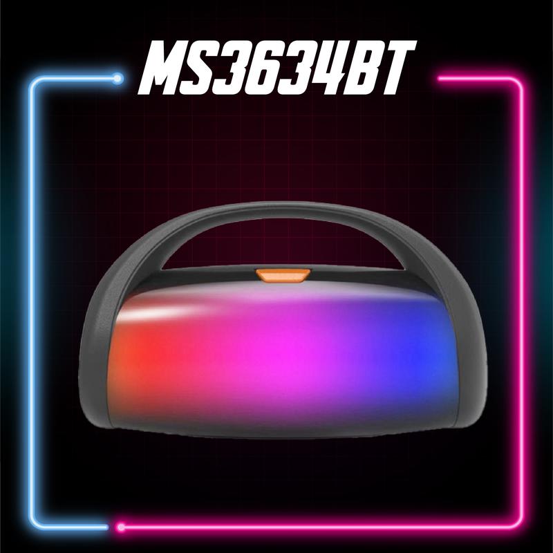 Loa bluetooth MS-3634BT thiết kế độc lạ, có quai xách tay cầm tiện lợi, đèn led full mặt loa, đèn led nhấp nháy theo nhạc, bass đập cực căng, âm thanh rất sống động