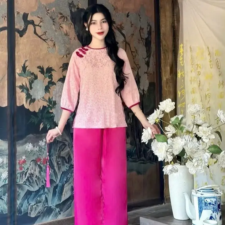 Đồ lam đi chùa-áo lam đi chùa-bà ba đi chùa-đồ gấm hoa - đồ bà ba có nơ- áo bà ba nalia clothes đỏ dây Nữ Women