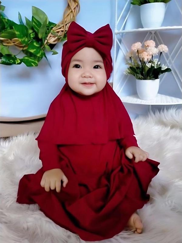 Gamis Bayi Hijab Free Turban Polos 0-2 Tahun Balita Anak Fashion Pakaian Perempuan muslim panjang variasi baju Merah Setelan Kerudung Nyaman Cewek Lembut 1