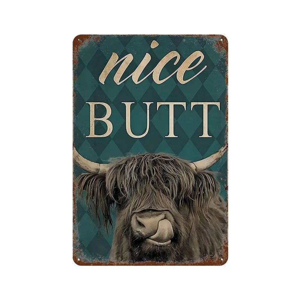 Highland Cow & Letter Pattern Tin Sign, 1 Count Funny Metal Wall Plaques, Decorative Sign for Home Garage Man Cave Bathroom