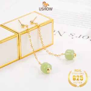USHOW 2025 Anting-Anting Jade Hetian Panjang Elegan Dengan Rumbai Untuk Wanita