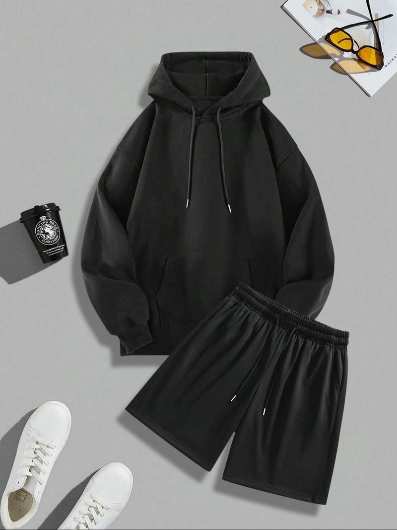 Product Introduction of Men's Solid Kangaroo Pocket Hoodie & Drawstring Waist Shorts Set, Casual Long Sleeve Hooded Sweatshirt & Track Shorts, Men's Spring & Fall Clothes 1