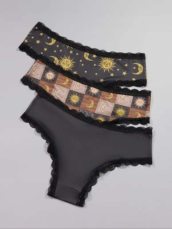 【Plus Size】 Cartoon Sun & Star Print Panty, Casual Comfy Breathable Knicker for Daily Wear, Women's Underwear for All Seasons 1