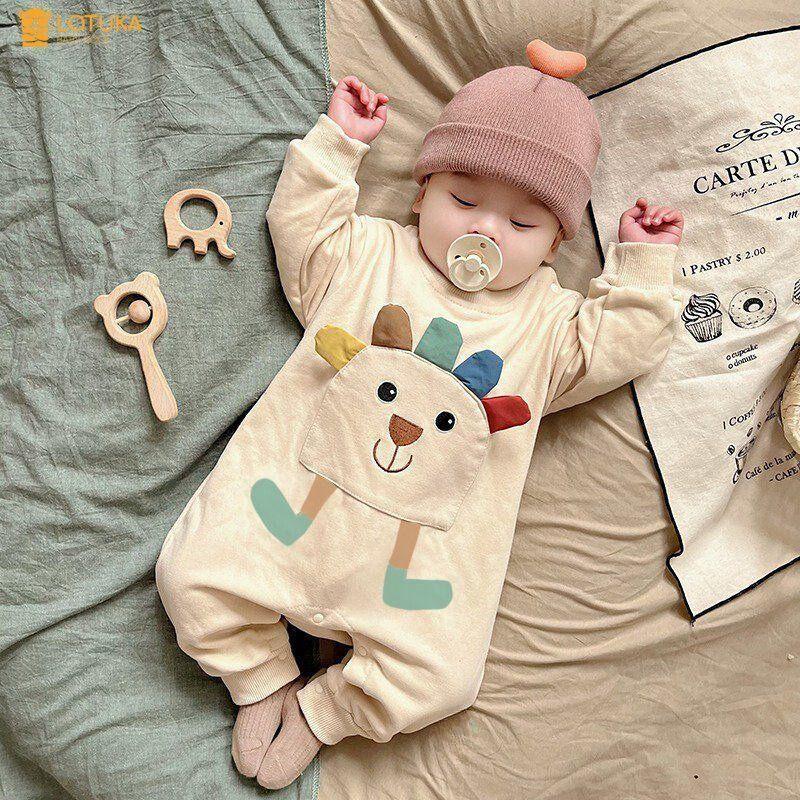 Bodysuit LOTUKA Hình Gấu Sắc Màu Chất Mềm Mịn Cho Bé, Bộ Đồ Liền Thân Dài Tay Cho Bé Trai Bé Gái, Quần Áo Trẻ Em Size 3-12kg Voi Thực phẩm Nút Jumpsuit