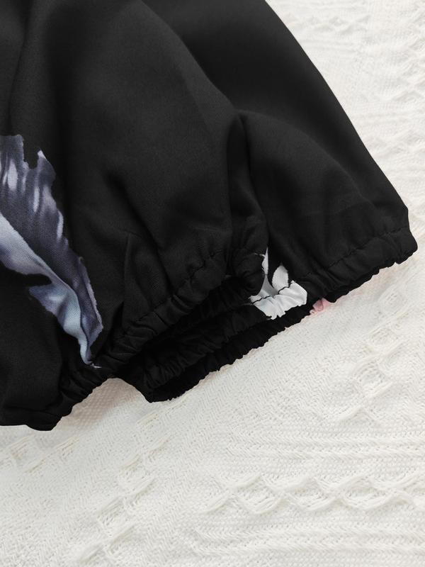 【Plus Size】Feather Print Notched Neck Blouse, Casual Long Sleeve Top for Spring & Fall, Women's Clothes for Daily Wear 6