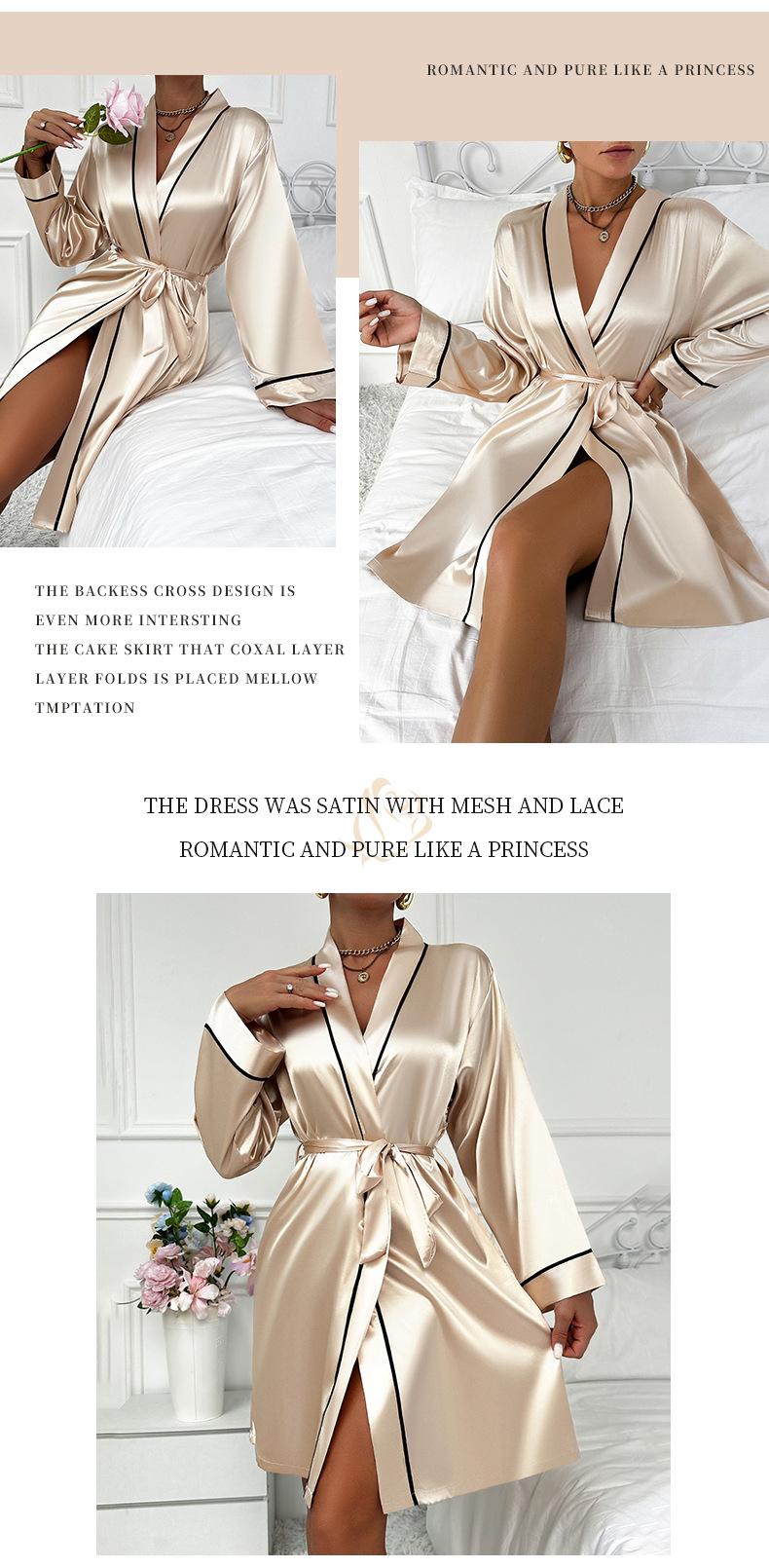 Product Introduction of 2025 Simple Four Seasons Long Sleeve Robe Cardigan Tie Women'S Bathrobe Loungewear European And American Style Imitation Silk Pajamas 6