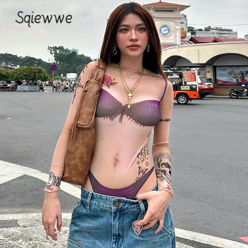 Áo Liền Quần Nữ, Tay Áo Dài, Cổ Thuyền In Hình Bikini Giả, Áo Liền Quần Vừa Vặn, Trang Phục Đi Club 0