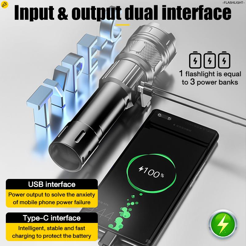 Đèn pin LED, 50000W, Có Thể Sạc Lại, Không thấm nước, Pin 5000mAh, Thời lượng pin 128 giờ hoặc sử dụng liên tục 5