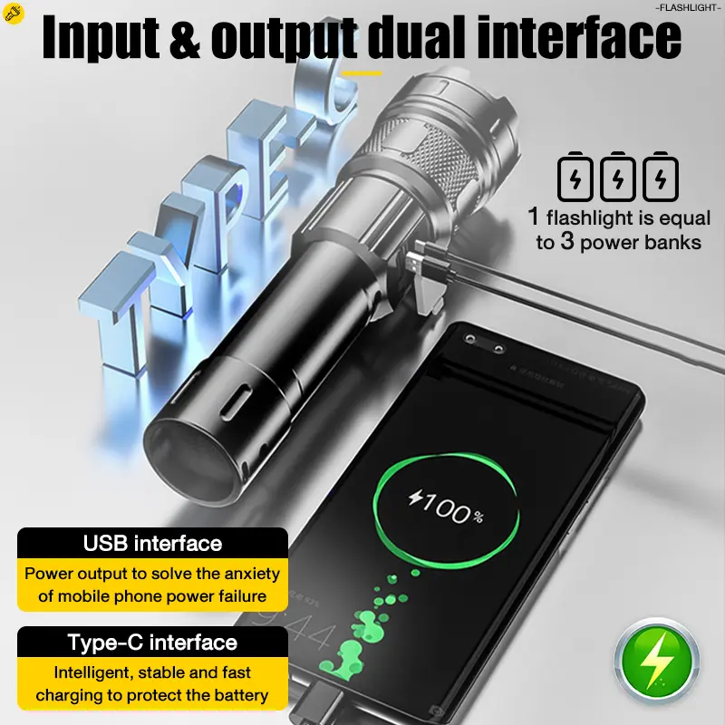 Đèn Pin Led, Công Suất 50000w, Đèn Pin Sạc, Chống Thấm Nước, Pin 5000mAh, Chiếu Sáng Trong 128 Giờ Hoặc Sử Dụng Liên Tục 5
