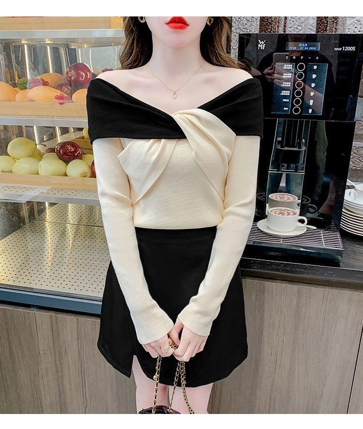 Product Introduction of Áo Lớp Nền Dệt Kim, Dành Cho Nữ, Thiết Kế Thắt Nơ Và Khối Màu, Hàng Mới Về Mùa Thu Và Mùa Đông, Áo Độc Đáo Áo Len Trễ Vai Màu Tương Phản Siêu Đẹp 12