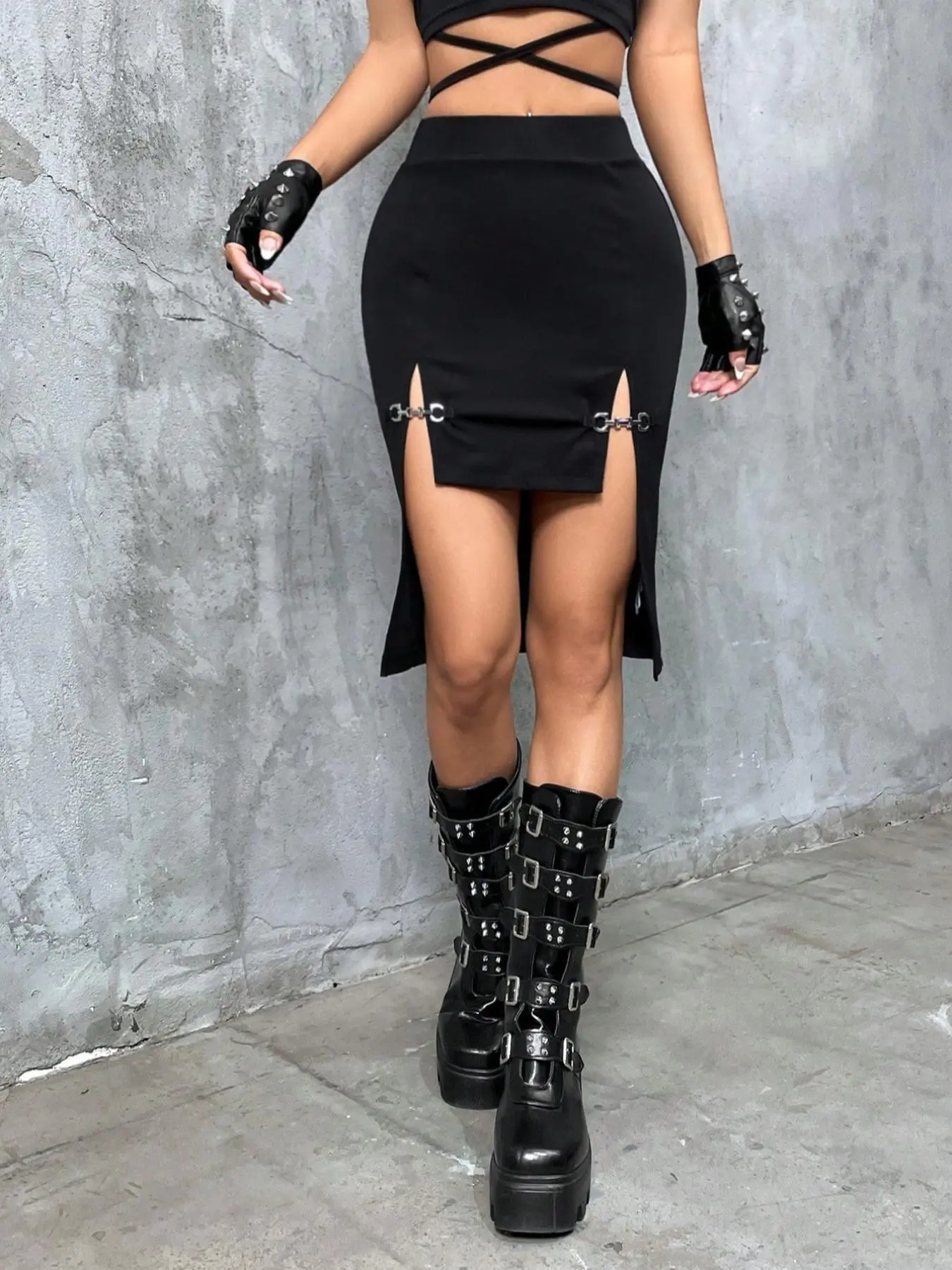 Women's Chain Linked High Low Hem Split Thigh Bodycon Skirt, Punk Fashion High Waist Short Skirt for Daily Outdoor Wear, Ladies Bottoms for All Seasons