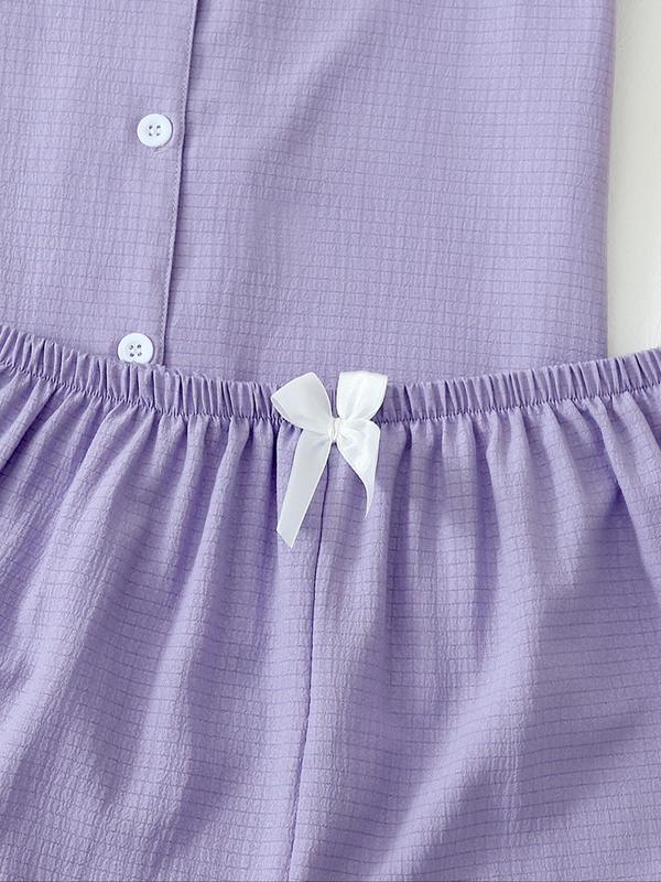 6 Pieces Women's Plain Ruffle Trim Button Front Lapel Shirt & Bow Decor Elastic Waist Shorts Pyjama Set, Casual Soft Comfortable Short Sleeve Top & Shorts Loungewear Set, Comfy Sleepwear Set for Women 7
