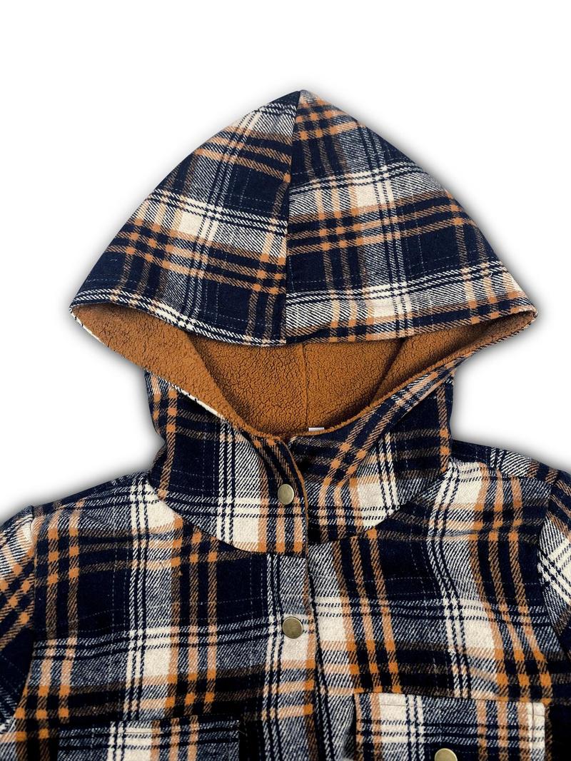 Product Introduction of Women's Plaid Print Button Front Hooded Jacket, Casual Long Sleeve Pocket Outerwear for Fall & Winter, Ladies Clothes for Daily Wear 8