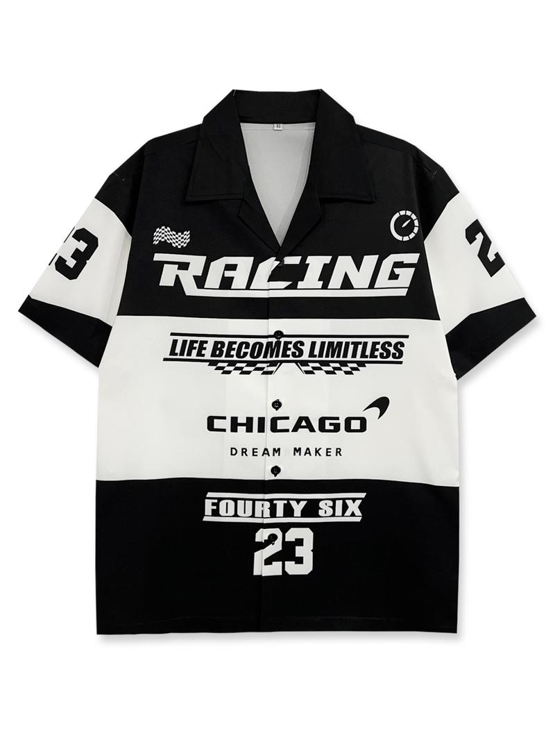 Product Introduction of Men's Racing Print Short Sleeve Lapel Shirt, Regular Fit Casual Letter Graphic Button Front Shirt for Summer, Fashion Men's Top for Daily Wear, Summer Clothes 5