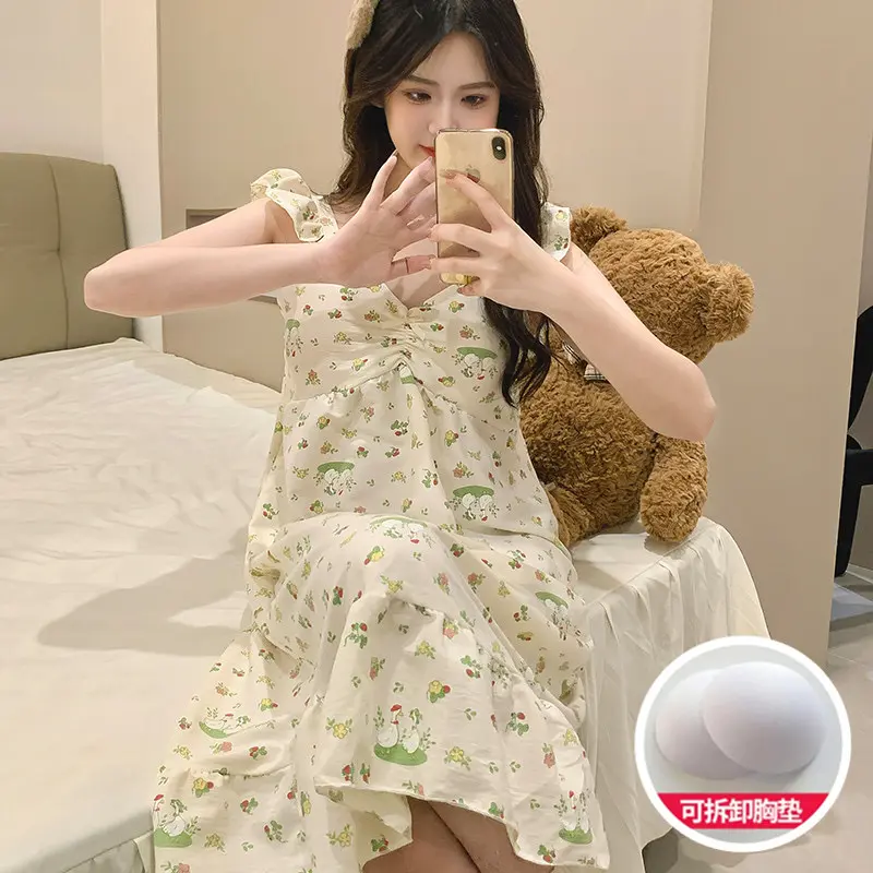 There is a New Style Cotton Cloud Chest Pad Mid-Length Summer Women's Nightgown with Small Flutter Sleeves Sweet Style Homewear Sleepwear Set
