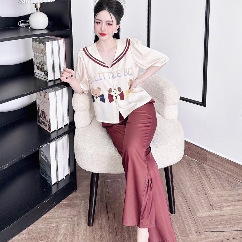 [TNQD -051124]Đồ bộ mặc nhà nữ, đồ ngủ cao cấp,áo tay ngắn quần dài cổ bèo from áo croptop in hoạ tiết dễ thương, chất vải lụa mềm mịn