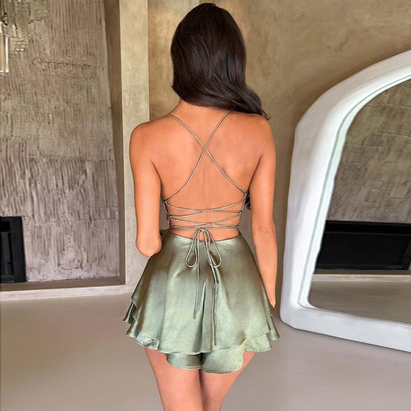 Product Introduction of Popular Sleevesless Mini Dress Spaghetti Strap Sexy Women Dress Tie-up Solid Color Sling Jumpsuit 14